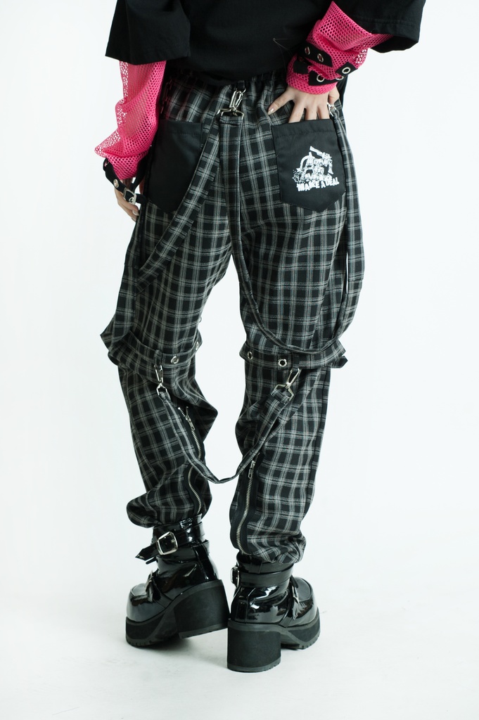Jillpunkパンク ダーク系 アニメ ニ次コン ヘヴィメタルスピリッツ タータンチェック柄 サスペンダー付き ボンデージ・ボンデッジパンツ ロング丈 オリジナルスタイル メンズお兄系 レディーズ V系 おしゃれ男女兼用カッコいい