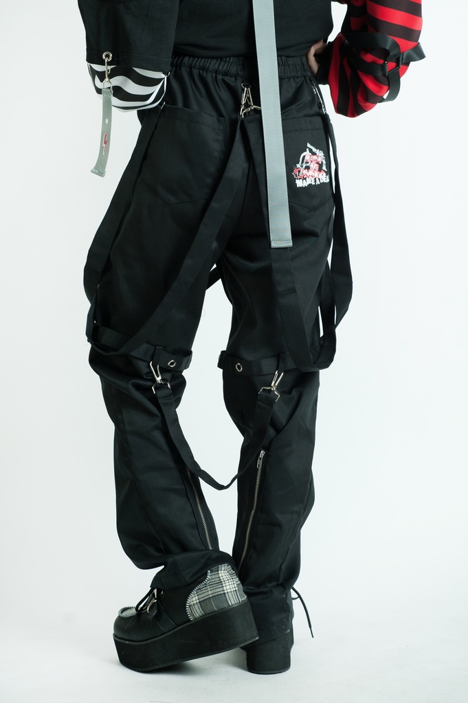 Jillpunkパンク ダーク系 アニメ ニ次コン ヘヴィメタルスピリッツ タータンチェック柄 サスペンダー付き ボンデージ・ボンデッジパンツ ロング丈 オリジナルスタイル メンズお兄系 レディーズ V系 おしゃれ男女兼用カッコいい