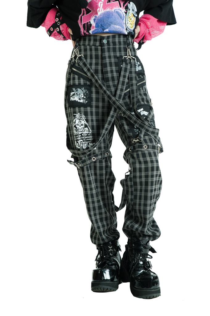 Jillpunkパンク ダーク系 アニメ ニ次コン ヘヴィメタルスピリッツ タータンチェック柄 サスペンダー付き ボンデージ・ボンデッジパンツ ロング丈 オリジナルスタイル メンズお兄系 レディーズ V系 おしゃれ男女兼用カッコいい