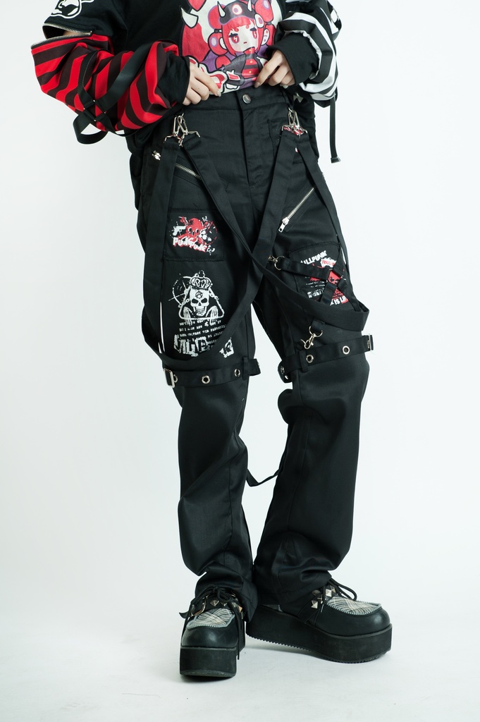Jillpunkパンク ダーク系 アニメ ニ次コン ヘヴィメタルスピリッツ タータンチェック柄 サスペンダー付き ボンデージ・ボンデッジパンツ ロング丈 オリジナルスタイル メンズお兄系 レディーズ V系 おしゃれ男女兼用カッコいい