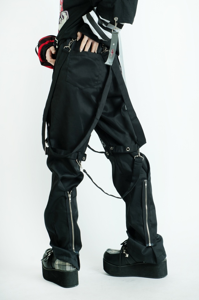 Jillpunkパンク ダーク系 アニメ ニ次コン ヘヴィメタルスピリッツ タータンチェック柄 サスペンダー付き ボンデージ・ボンデッジパンツ ロング丈 オリジナルスタイル メンズお兄系 レディーズ V系 おしゃれ男女兼用カッコいい