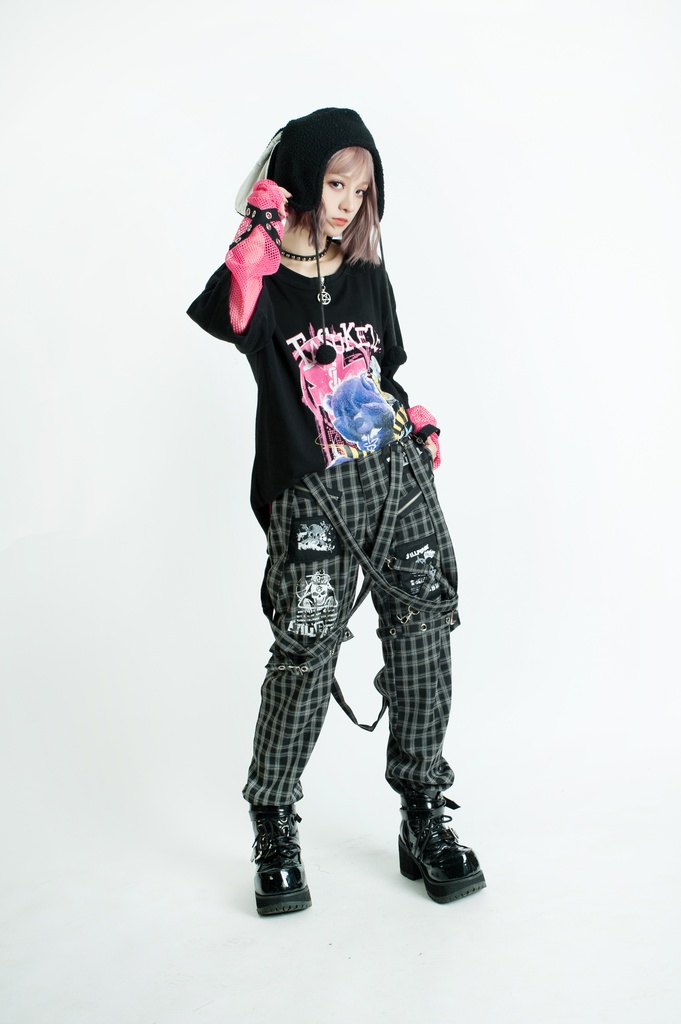 Jillpunkパンク ダーク系 アニメ ニ次コン ヘヴィメタルスピリッツ タータンチェック柄 サスペンダー付き ボンデージ・ボンデッジパンツ ロング丈 オリジナルスタイル メンズお兄系 レディーズ V系 おしゃれ男女兼用カッコいい