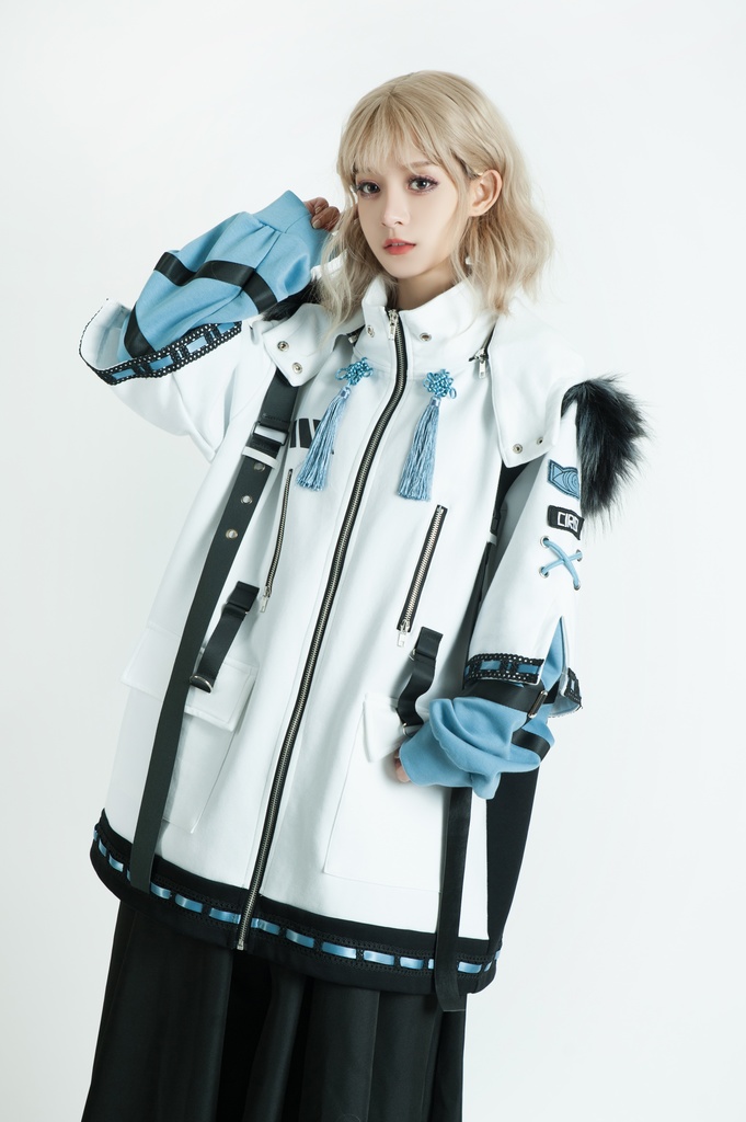 Jillpunk中華風チャイナモード アニメ ookamiciroコラボ 冬狐物語 妖狐 吉祥結びタッセル 狐耳 フェイクファー ハーネス付 重ね風パーカー コート フード付きジャケット オリジナルメンズ レディーズ おしゃれ男女兼用ファッション カッコいい