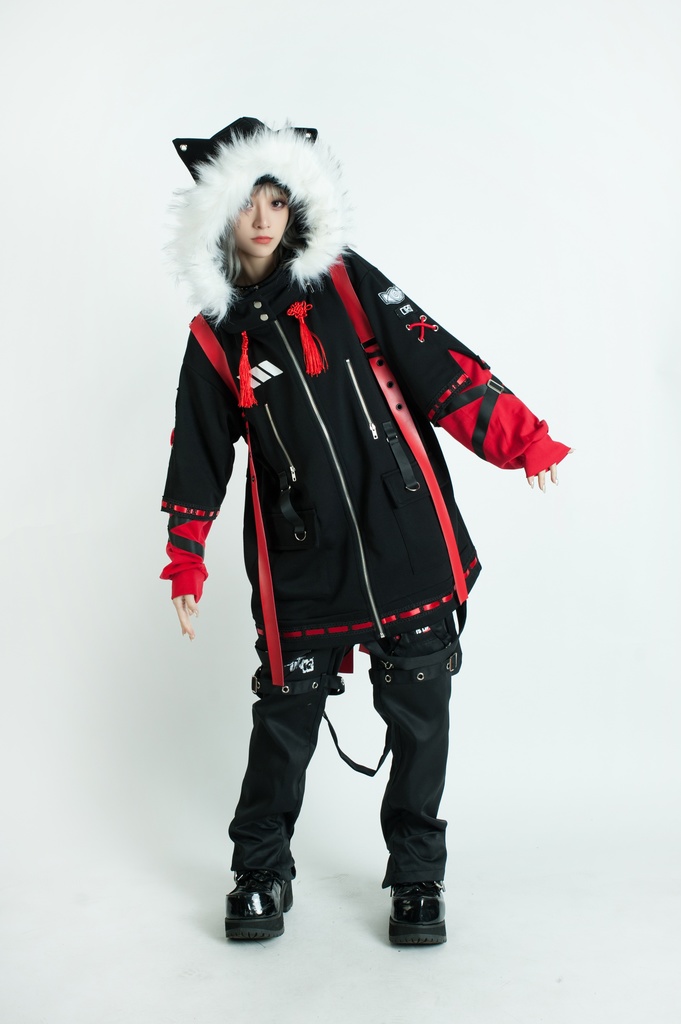 Jillpunk中華風チャイナモード アニメ ookamiciroコラボ 冬狐物語 妖狐 吉祥結びタッセル 狐耳 フェイクファー ハーネス付 重ね風パーカー コート フード付きジャケット オリジナルメンズ レディーズ おしゃれ男女兼用ファッション カッコいい