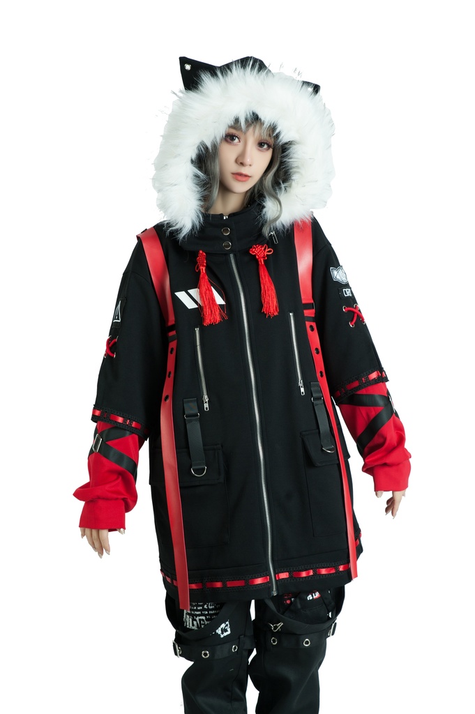 Jillpunk中華風チャイナモード アニメ ookamiciroコラボ 冬狐物語 妖狐 吉祥結びタッセル 狐耳 フェイクファー ハーネス付 重ね風パーカー コート フード付きジャケット オリジナルメンズ レディーズ おしゃれ男女兼用ファッション カッコいい