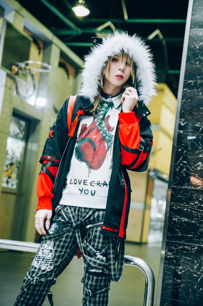 Jillpunk中華風チャイナモード アニメ ookamiciroコラボ 冬狐物語 妖狐 吉祥結びタッセル 狐耳 フェイクファー ハーネス付 重ね風パーカー コート フード付きジャケット オリジナルメンズ レディーズ おしゃれ男女兼用ファッション カッコいい