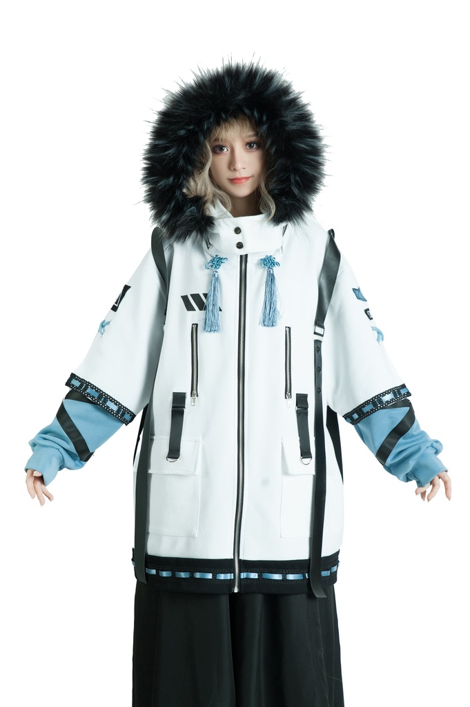 Jillpunk中華風チャイナモード アニメ ookamiciroコラボ 冬狐物語 妖狐 吉祥結びタッセル 狐耳 フェイクファー ハーネス付 重ね風パーカー コート フード付きジャケット オリジナルメンズ レディーズ おしゃれ男女兼用ファッション カッコいい
