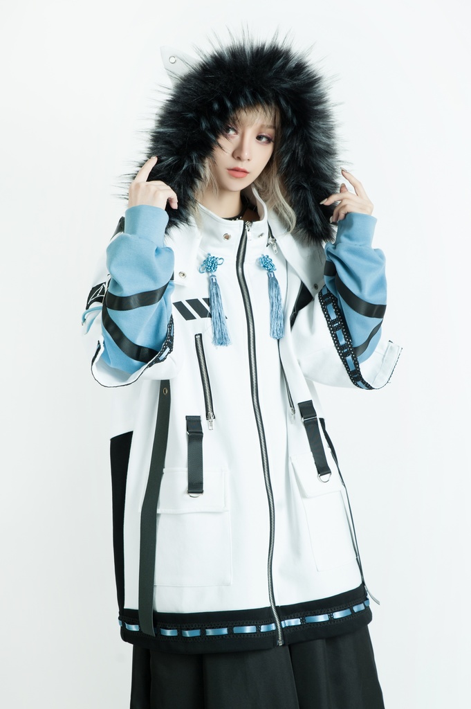 Jillpunk中華風チャイナモード アニメ ookamiciroコラボ 冬狐物語 妖狐 吉祥結びタッセル 狐耳 フェイクファー ハーネス付 重ね風パーカー コート フード付きジャケット オリジナルメンズ レディーズ おしゃれ男女兼用ファッション カッコいい