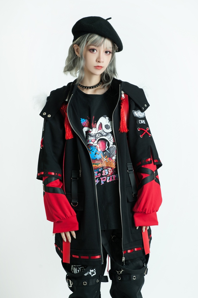 Jillpunk中華風チャイナモード アニメ ookamiciroコラボ 冬狐物語 妖狐 吉祥結びタッセル 狐耳 フェイクファー ハーネス付 重ね風パーカー コート フード付きジャケット オリジナルメンズ レディーズ おしゃれ男女兼用ファッション カッコいい