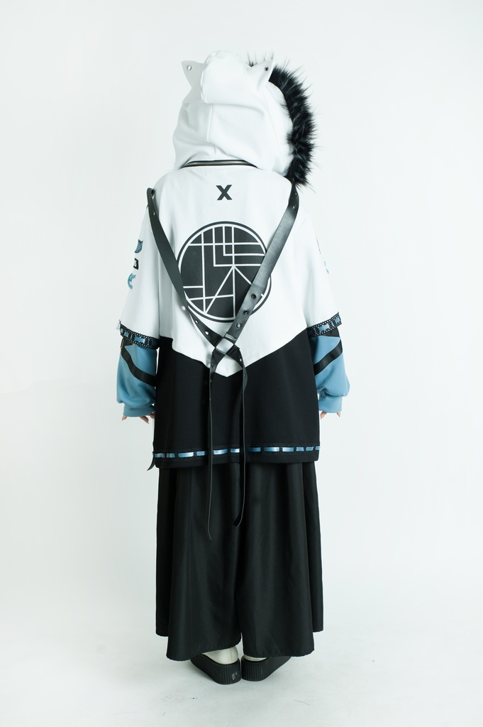 Jillpunk中華風チャイナモード アニメ ookamiciroコラボ 冬狐物語 妖狐 吉祥結びタッセル 狐耳 フェイクファー ハーネス付 重ね風パーカー コート フード付きジャケット オリジナルメンズ レディーズ おしゃれ男女兼用ファッション カッコいい