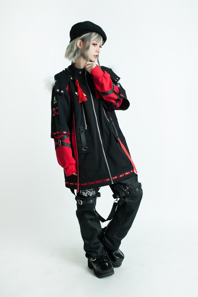 Jillpunk中華風チャイナモード アニメ ookamiciroコラボ 冬狐物語 妖狐 吉祥結びタッセル 狐耳 フェイクファー ハーネス付 重ね風パーカー コート フード付きジャケット オリジナルメンズ レディーズ おしゃれ男女兼用ファッション カッコいい