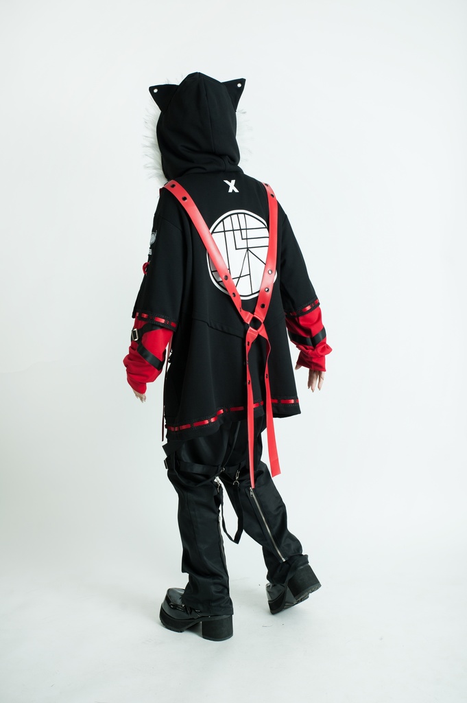 Jillpunk中華風チャイナモード アニメ ookamiciroコラボ 冬狐物語 妖狐 吉祥結びタッセル 狐耳 フェイクファー ハーネス付 重ね風パーカー コート フード付きジャケット オリジナルメンズ レディーズ おしゃれ男女兼用ファッション カッコいい