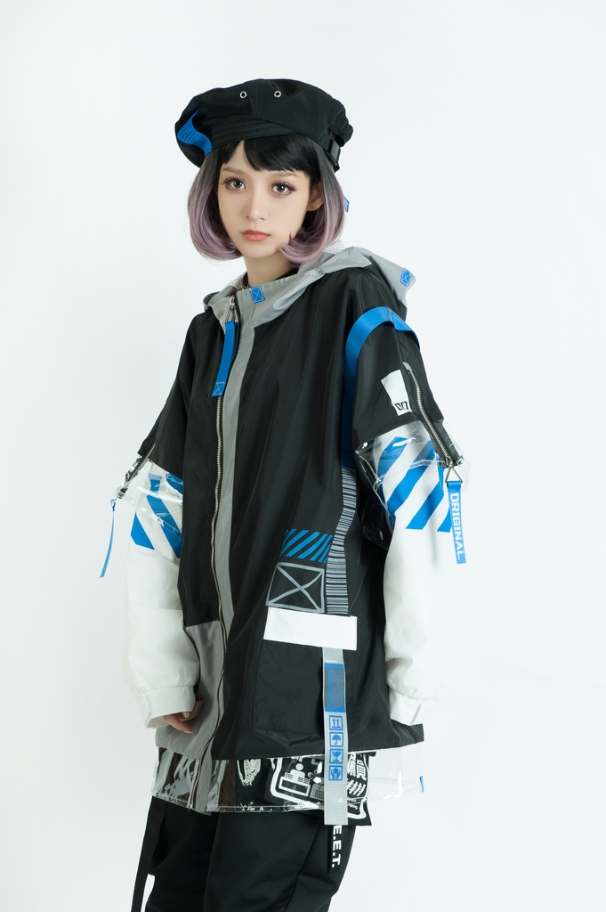 Jillpunk お宅アニメ 台湾画師柴染コラボ 取扱注意 ワークスペック ウィンドブレーカー 透明PVCパッチ 重ね風 ゆったり オーバーサイズ フード付きジャケット ユニーセックス オリジナルメンズ レディー おしゃれ 男女兼用ファッション秋葉系