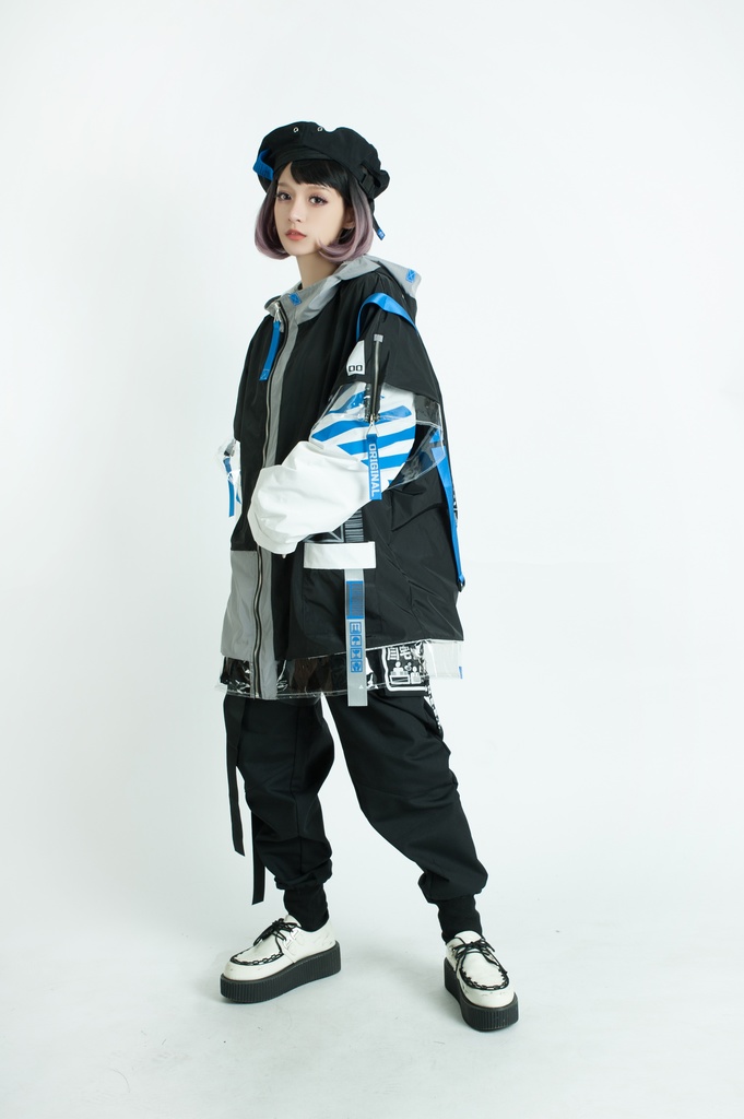 Jillpunk お宅アニメ 台湾画師柴染コラボ 取扱注意 ワークスペック ウィンドブレーカー 透明PVCパッチ 重ね風 ゆったり オーバーサイズ フード付きジャケット ユニーセックス オリジナルメンズ レディー おしゃれ 男女兼用ファッション秋葉系