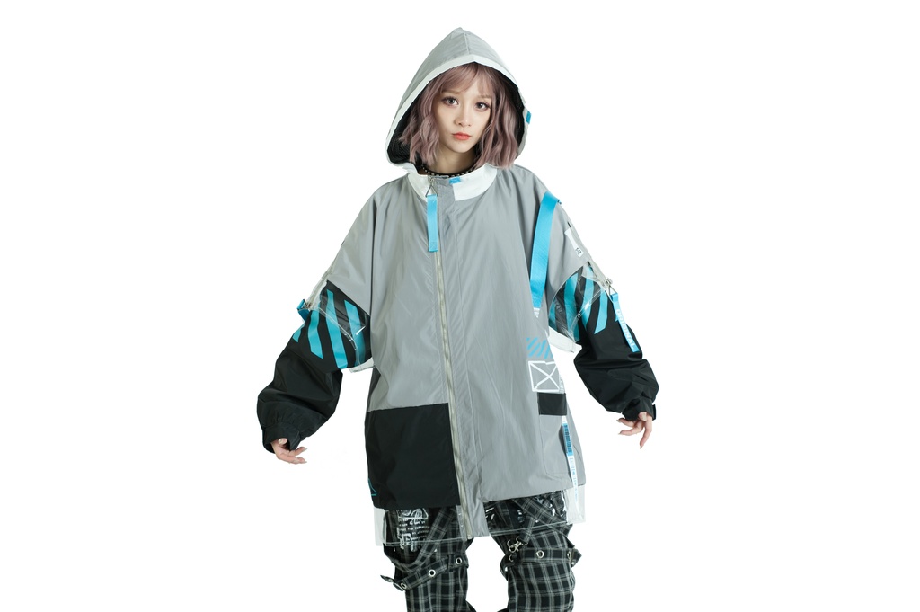 Jillpunk お宅アニメ 台湾画師柴染コラボ 取扱注意 ワークスペック ウィンドブレーカー 透明PVCパッチ 重ね風 ゆったり オーバーサイズ フード付きジャケット ユニーセックス オリジナルメンズ レディー おしゃれ 男女兼用ファッション秋葉系