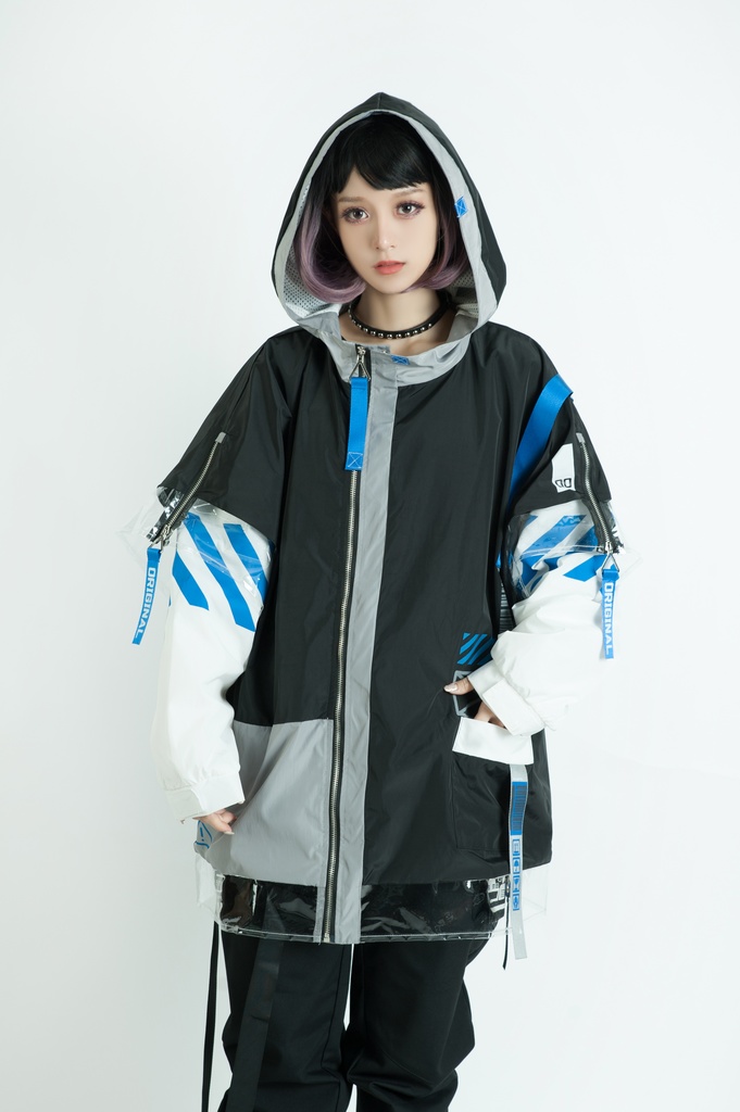 Jillpunk お宅アニメ 台湾画師柴染コラボ 取扱注意 ワークスペック ウィンドブレーカー 透明PVCパッチ 重ね風 ゆったり オーバーサイズ フード付きジャケット ユニーセックス オリジナルメンズ レディー おしゃれ 男女兼用ファッション秋葉系