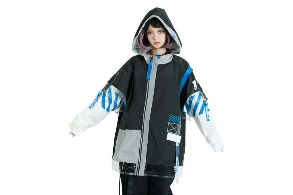 Jillpunk お宅アニメ 台湾画師柴染コラボ 取扱注意 ワークスペック ウィンドブレーカー 透明PVCパッチ 重ね風 ゆったり オーバーサイズ フード付きジャケット ユニーセックス オリジナルメンズ レディー おしゃれ 男女兼用ファッション秋葉系