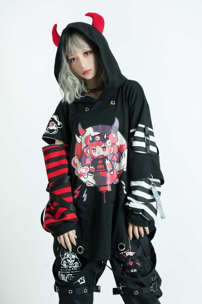 Jillpunk病みカワ 台湾画師蕾卡reikaコラボ 電磁小悪魔 3D角 ストライプ柄 チャック袖 中長め ゆったりパーカー オリジナルメンズ レディーズ カジュアル おしゃれ大きいサイズ男女兼用 可愛い