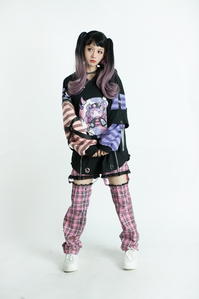 Jillpunk病みカワ 台湾画師蕾卡reikaコラボ 電磁小悪魔 3D角 ストライプ柄 チャック袖 中長め ゆったりパーカー オリジナルメンズ レディーズ カジュアル おしゃれ大きいサイズ男女兼用 可愛い