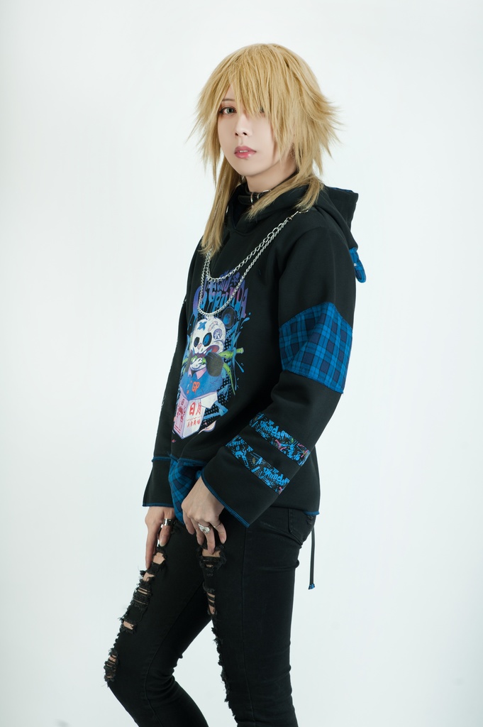 Jillpunkオリジナル パンク系 暴食パンダ チェーン付き チェック柄 重ね風 熊耳 裏起毛 アシンメトリー ゆったり 長袖パーカー メンズ レディー V系 おしゃれ大きいサイズ男女兼用ファッション秋葉系カッコいい 可愛い