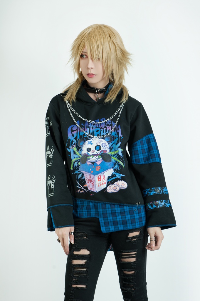 Jillpunkオリジナル パンク系 暴食パンダ チェーン付き チェック柄 重ね風 熊耳 裏起毛 アシンメトリー ゆったり 長袖パーカー メンズ レディー V系 おしゃれ大きいサイズ男女兼用ファッション秋葉系カッコいい 可愛い