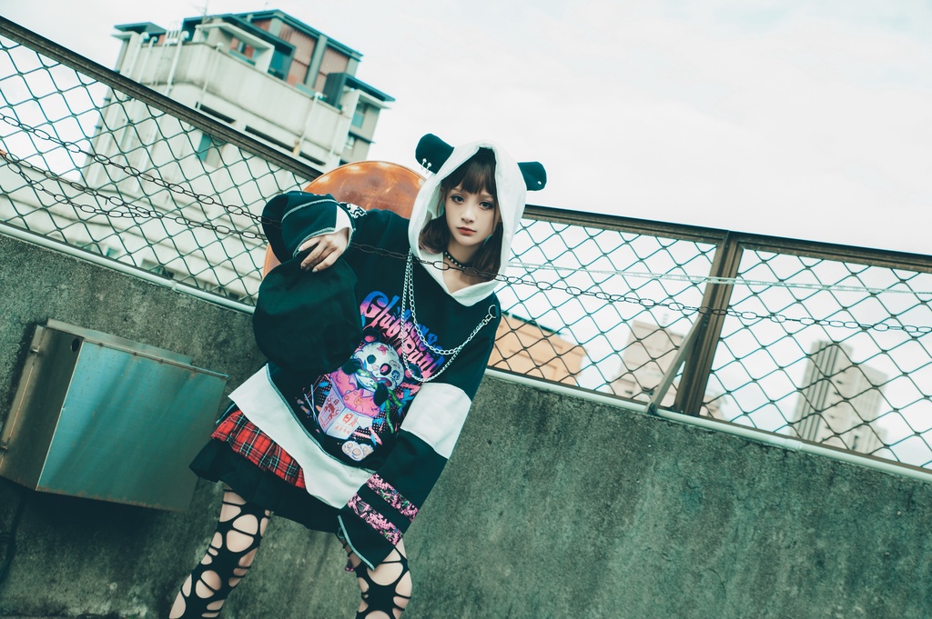 Jillpunkオリジナル パンク系 暴食パンダ チェーン付き チェック柄 重ね風 熊耳 裏起毛 アシンメトリー ゆったり 長袖パーカー メンズ レディー V系 おしゃれ大きいサイズ男女兼用ファッション秋葉系カッコいい 可愛い