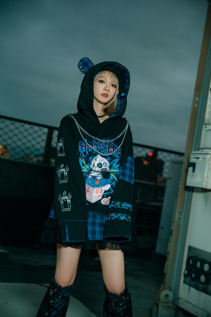 Jillpunkオリジナル パンク系 暴食パンダ チェーン付き チェック柄 重ね風 熊耳 裏起毛 アシンメトリー ゆったり 長袖パーカー メンズ レディー V系 おしゃれ大きいサイズ男女兼用ファッション秋葉系カッコいい 可愛い