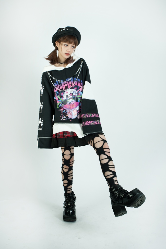 Jillpunkオリジナル パンク系 暴食パンダ チェーン付き チェック柄 重ね風 熊耳 裏起毛 アシンメトリー ゆったり 長袖パーカー メンズ レディー V系 おしゃれ大きいサイズ男女兼用ファッション秋葉系カッコいい 可愛い