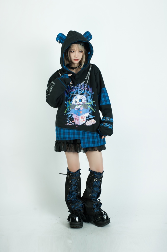 Jillpunkオリジナル パンク系 暴食パンダ チェーン付き チェック柄 重ね風 熊耳 裏起毛 アシンメトリー ゆったり 長袖パーカー メンズ レディー V系 おしゃれ大きいサイズ男女兼用ファッション秋葉系カッコいい 可愛い