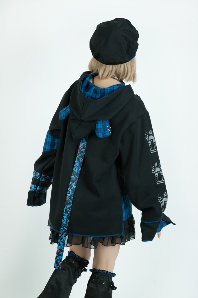 Jillpunkオリジナル パンク系 暴食パンダ チェーン付き チェック柄 重ね風 熊耳 裏起毛 アシンメトリー ゆったり 長袖パーカー メンズ レディー V系 おしゃれ大きいサイズ男女兼用ファッション秋葉系カッコいい 可愛い