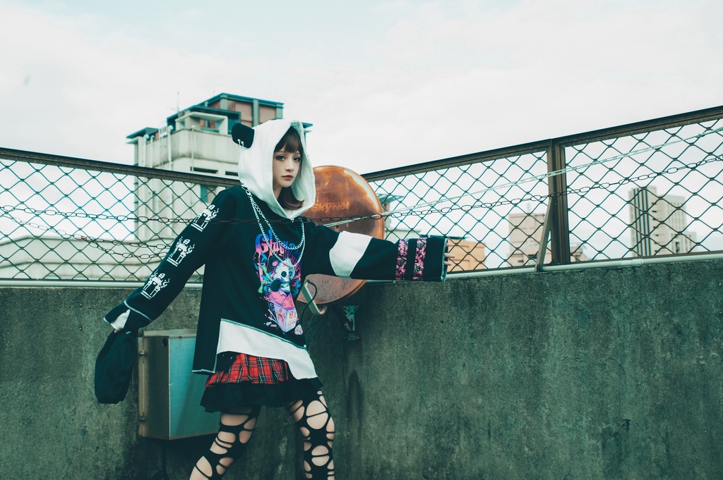 Jillpunkオリジナル パンク系 暴食パンダ チェーン付き チェック柄 重ね風 熊耳 裏起毛 アシンメトリー ゆったり 長袖パーカー メンズ レディー V系 おしゃれ大きいサイズ男女兼用ファッション秋葉系カッコいい 可愛い