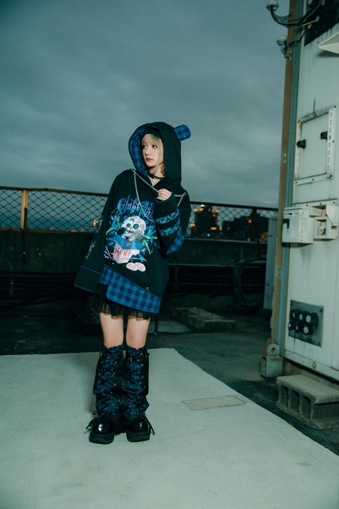 Jillpunkオリジナル パンク系 暴食パンダ チェーン付き チェック柄 重ね風 熊耳 裏起毛 アシンメトリー ゆったり 長袖パーカー メンズ レディー V系 おしゃれ大きいサイズ男女兼用ファッション秋葉系カッコいい 可愛い