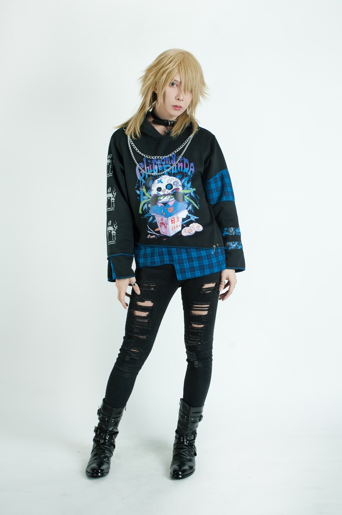 Jillpunkオリジナル パンク系 暴食パンダ チェーン付き チェック柄 重ね風 熊耳 裏起毛 アシンメトリー ゆったり 長袖パーカー メンズ レディー V系 おしゃれ大きいサイズ男女兼用ファッション秋葉系カッコいい 可愛い