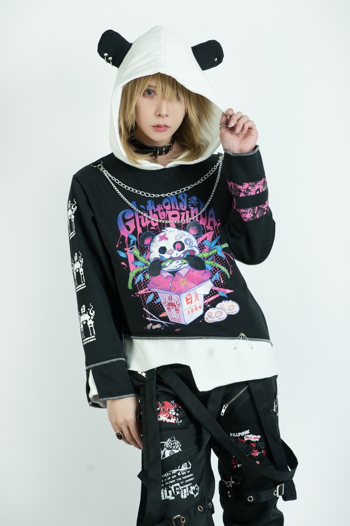 Jillpunkオリジナル パンク系 暴食パンダ チェーン付き チェック柄 重ね風 熊耳 裏起毛 アシンメトリー ゆったり 長袖パーカー メンズ レディー V系 おしゃれ大きいサイズ男女兼用ファッション秋葉系カッコいい 可愛い