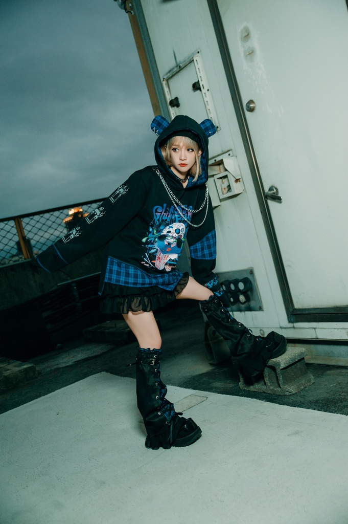 Jillpunkオリジナル パンク系 暴食パンダ チェーン付き チェック柄 重ね風 熊耳 裏起毛 アシンメトリー ゆったり 長袖パーカー メンズ レディー V系 おしゃれ大きいサイズ男女兼用ファッション秋葉系カッコいい 可愛い