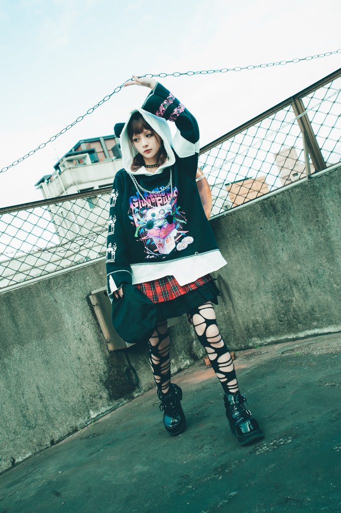 Jillpunkオリジナル パンク系 暴食パンダ チェーン付き チェック柄 重ね風 熊耳 裏起毛 アシンメトリー ゆったり 長袖パーカー メンズ レディー V系 おしゃれ大きいサイズ男女兼用ファッション秋葉系カッコいい 可愛い