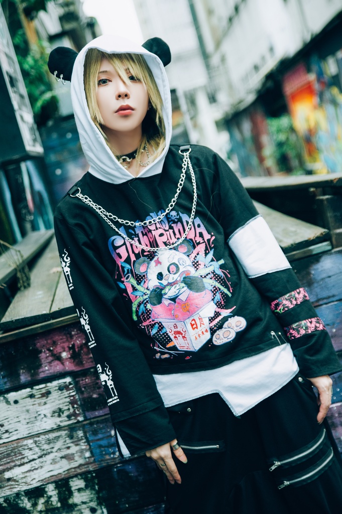 Jillpunkオリジナル パンク系 暴食パンダ チェーン付き チェック柄 重ね風 熊耳 裏起毛 アシンメトリー ゆったり 長袖パーカー メンズ レディー V系 おしゃれ大きいサイズ男女兼用ファッション秋葉系カッコいい 可愛い