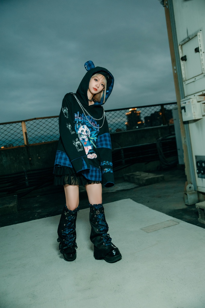 Jillpunkオリジナル パンク系 暴食パンダ チェーン付き チェック柄 重ね風 熊耳 裏起毛 アシンメトリー ゆったり 長袖パーカー メンズ レディー V系 おしゃれ大きいサイズ男女兼用ファッション秋葉系カッコいい 可愛い