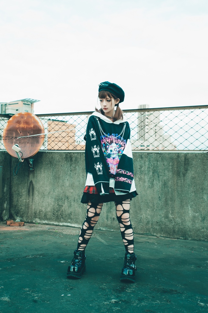 Jillpunkオリジナル パンク系 暴食パンダ チェーン付き チェック柄 重ね風 熊耳 裏起毛 アシンメトリー ゆったり 長袖パーカー メンズ レディー V系 おしゃれ大きいサイズ男女兼用ファッション秋葉系カッコいい 可愛い