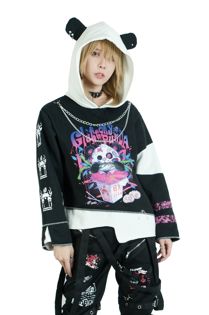 Jillpunkオリジナル パンク系 暴食パンダ チェーン付き チェック柄 重ね風 熊耳 裏起毛 アシンメトリー ゆったり 長袖パーカー メンズ レディー V系 おしゃれ大きいサイズ男女兼用ファッション秋葉系カッコいい 可愛い