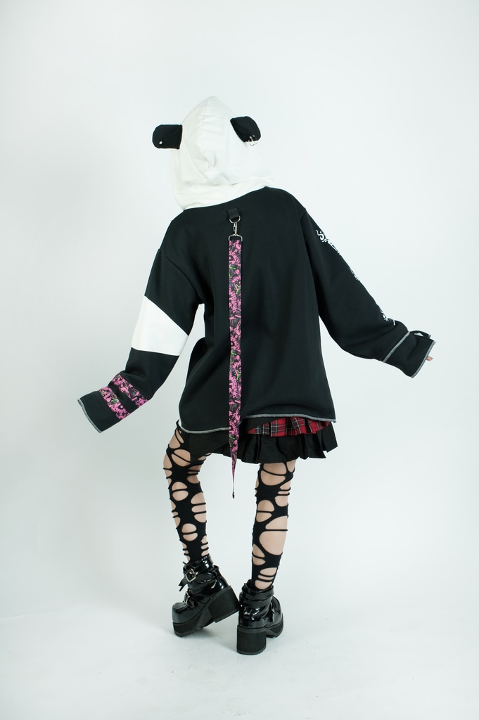Jillpunkオリジナル パンク系 暴食パンダ チェーン付き チェック柄 重ね風 熊耳 裏起毛 アシンメトリー ゆったり 長袖パーカー メンズ レディー V系 おしゃれ大きいサイズ男女兼用ファッション秋葉系カッコいい 可愛い