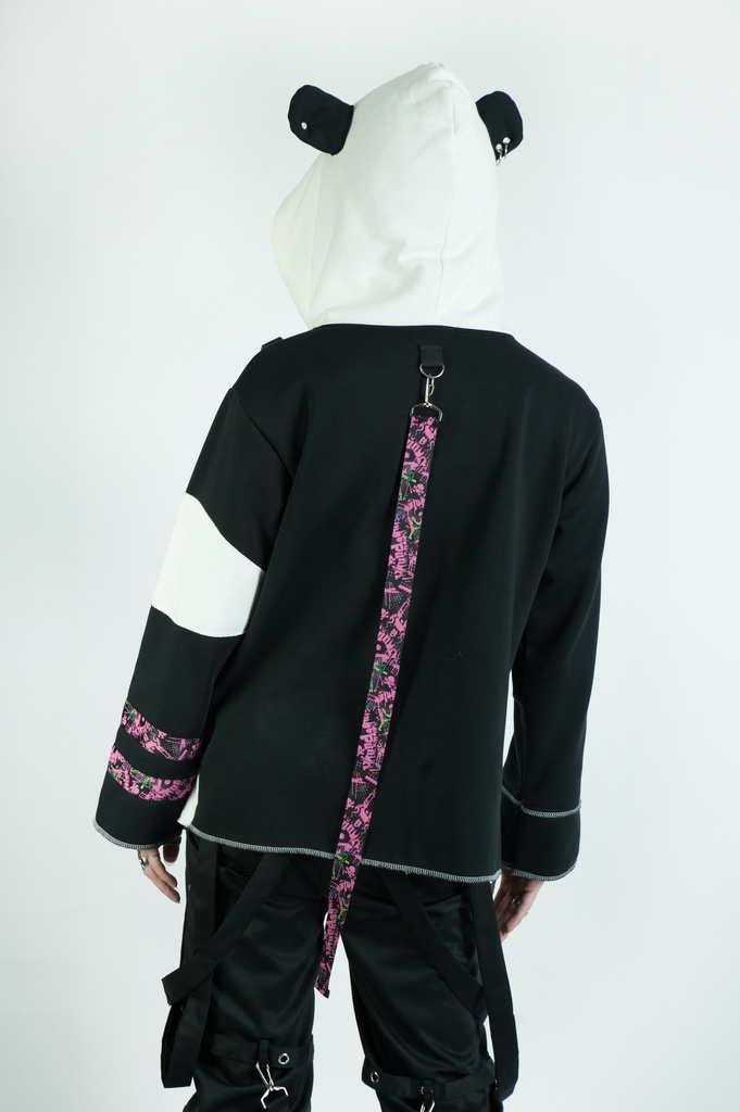 Jillpunkオリジナル パンク系 暴食パンダ チェーン付き チェック柄 重ね風 熊耳 裏起毛 アシンメトリー ゆったり 長袖パーカー メンズ レディー V系 おしゃれ大きいサイズ男女兼用ファッション秋葉系カッコいい 可愛い