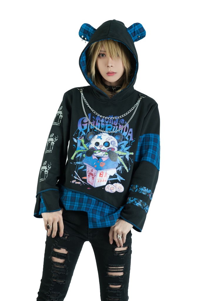 Jillpunkオリジナル パンク系 暴食パンダ チェーン付き チェック柄 重ね風 熊耳 裏起毛 アシンメトリー ゆったり 長袖パーカー メンズ レディー V系 おしゃれ大きいサイズ男女兼用ファッション秋葉系カッコいい 可愛い
