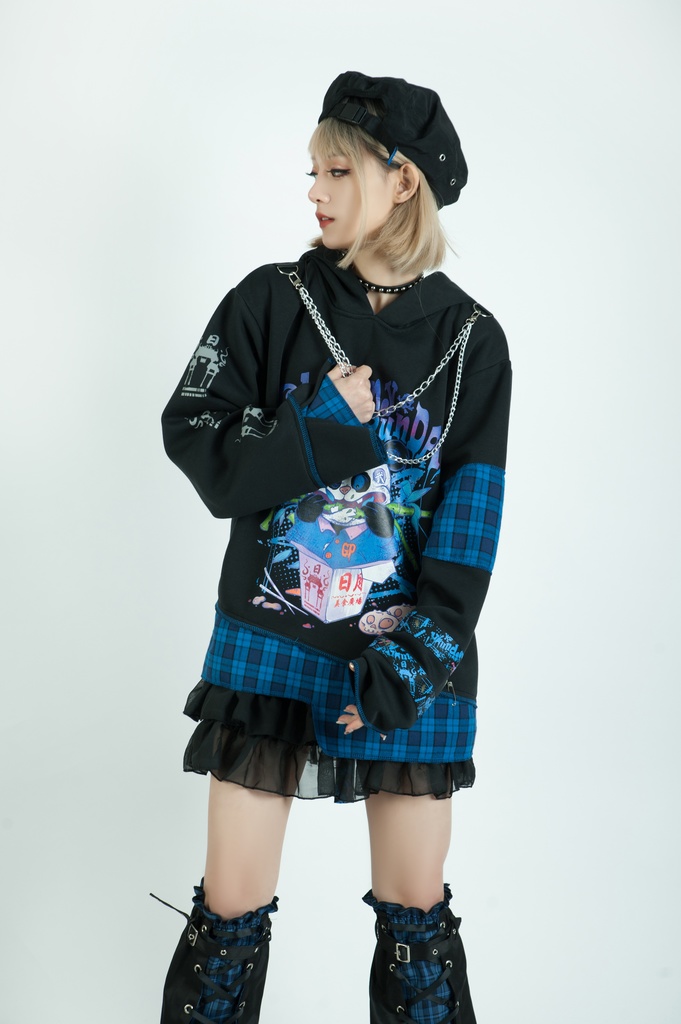 Jillpunkオリジナル パンク系 暴食パンダ チェーン付き チェック柄 重ね風 熊耳 裏起毛 アシンメトリー ゆったり 長袖パーカー メンズ レディー V系 おしゃれ大きいサイズ男女兼用ファッション秋葉系カッコいい 可愛い