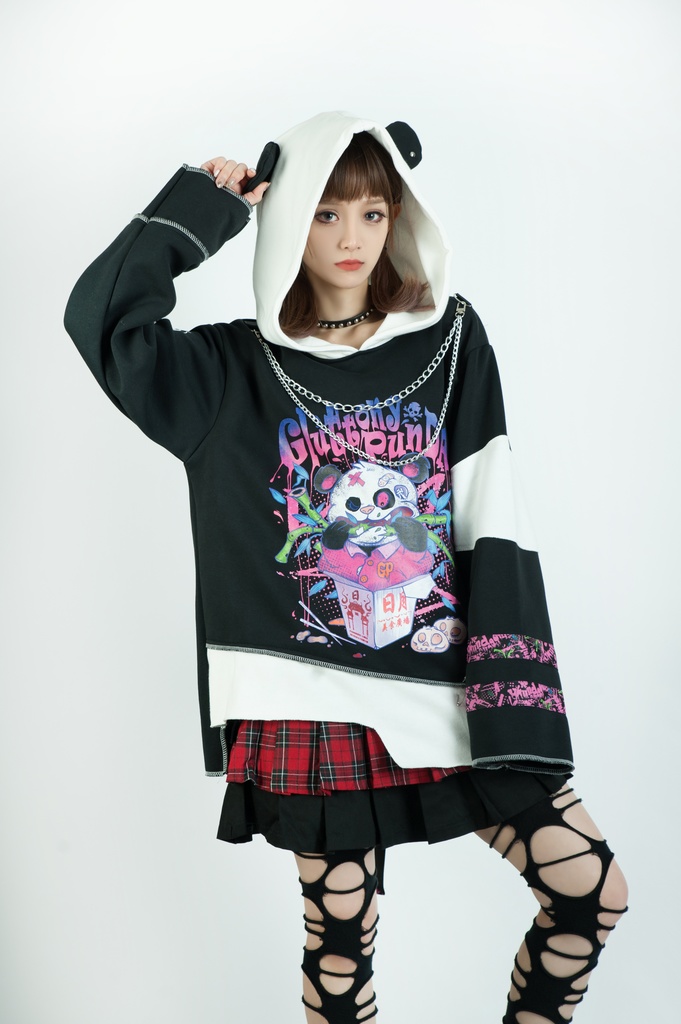 Jillpunkオリジナル パンク系 暴食パンダ チェーン付き チェック柄 重ね風 熊耳 裏起毛 アシンメトリー ゆったり 長袖パーカー メンズ レディー V系 おしゃれ大きいサイズ男女兼用ファッション秋葉系カッコいい 可愛い