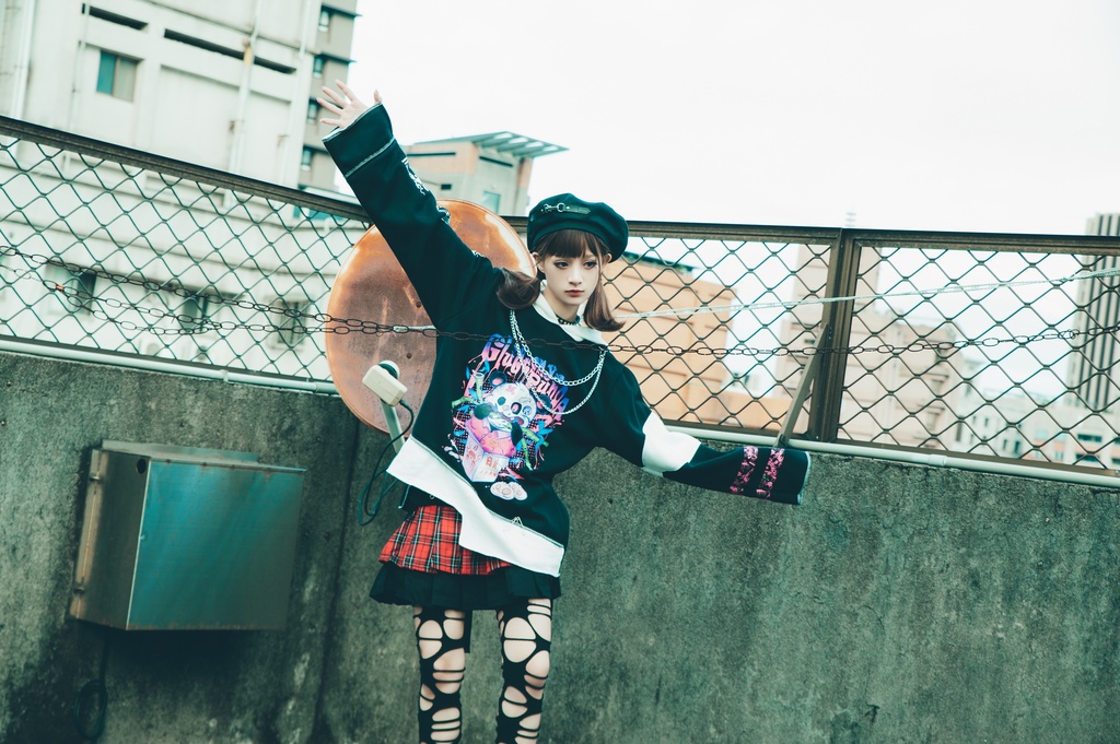 Jillpunkオリジナル パンク系 暴食パンダ チェーン付き チェック柄 重ね風 熊耳 裏起毛 アシンメトリー ゆったり 長袖パーカー メンズ レディー V系 おしゃれ大きいサイズ男女兼用ファッション秋葉系カッコいい 可愛い