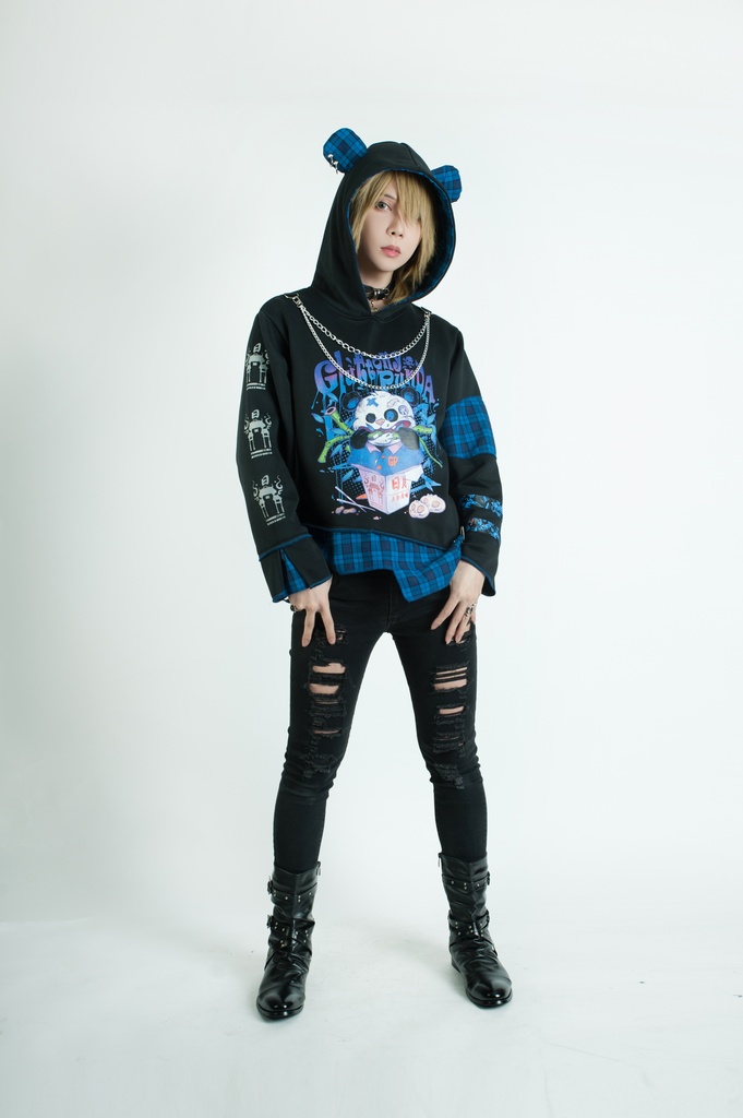 Jillpunkオリジナル パンク系 暴食パンダ チェーン付き チェック柄 重ね風 熊耳 裏起毛 アシンメトリー ゆったり 長袖パーカー メンズ レディー V系 おしゃれ大きいサイズ男女兼用ファッション秋葉系カッコいい 可愛い