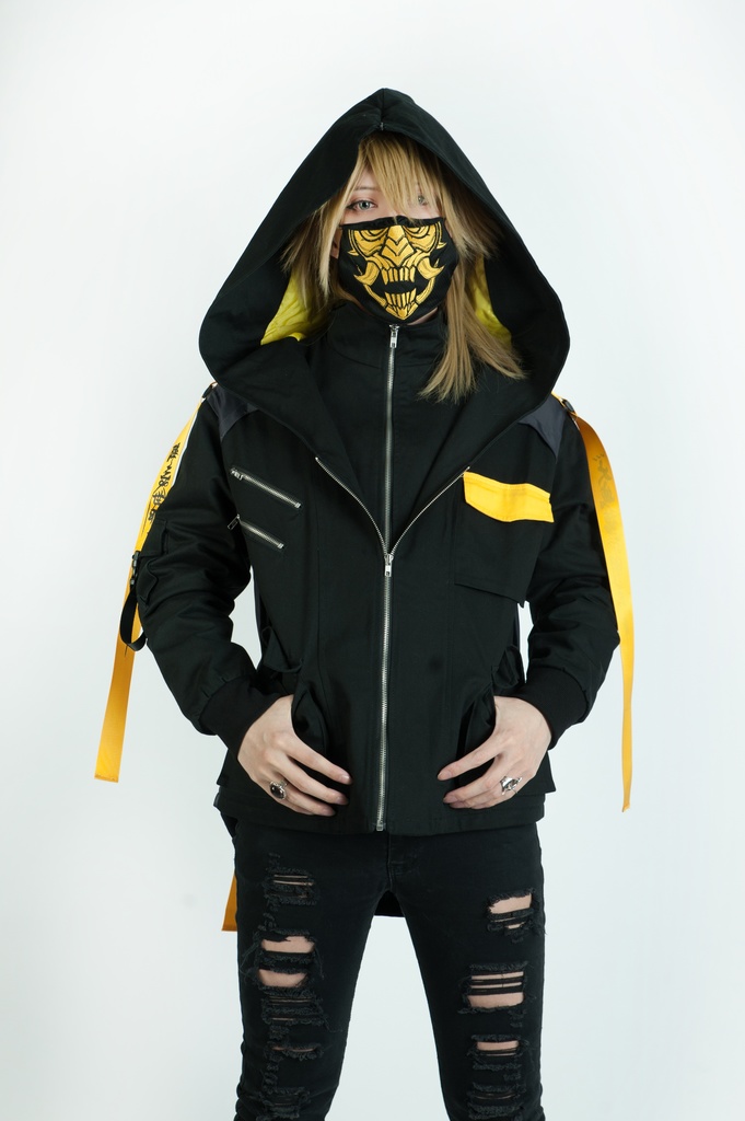 Jillpunkアニメ 二次コン イギリス画師Helloclonionコラボ 夜叉忍者 呪符ストラップ 重ね風 キルティング 刺繡 マスク付き パネルパーカー チャック付きフード ジャケット オリジナルメンズ レディーズ おしゃれ男女兼用 兄系 カッコいい0