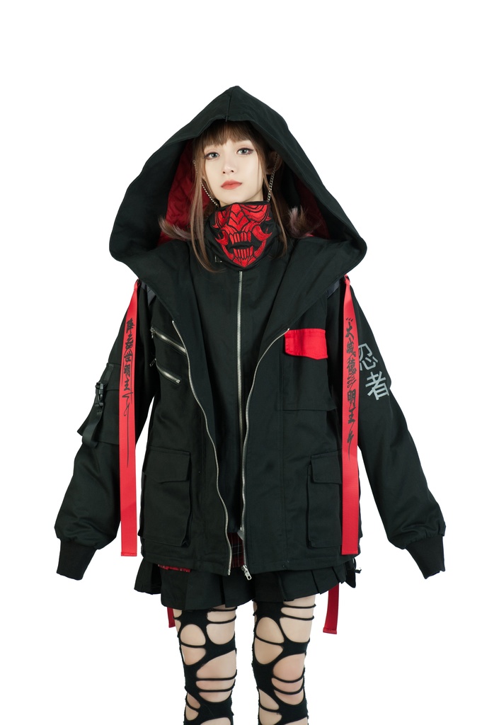 Jillpunkアニメ 二次コン イギリス画師Helloclonionコラボ 夜叉忍者 呪符ストラップ 重ね風 キルティング 刺繡 マスク付き パネルパーカー チャック付きフード ジャケット オリジナルメンズ レディーズ おしゃれ男女兼用 兄系 カッコいい0