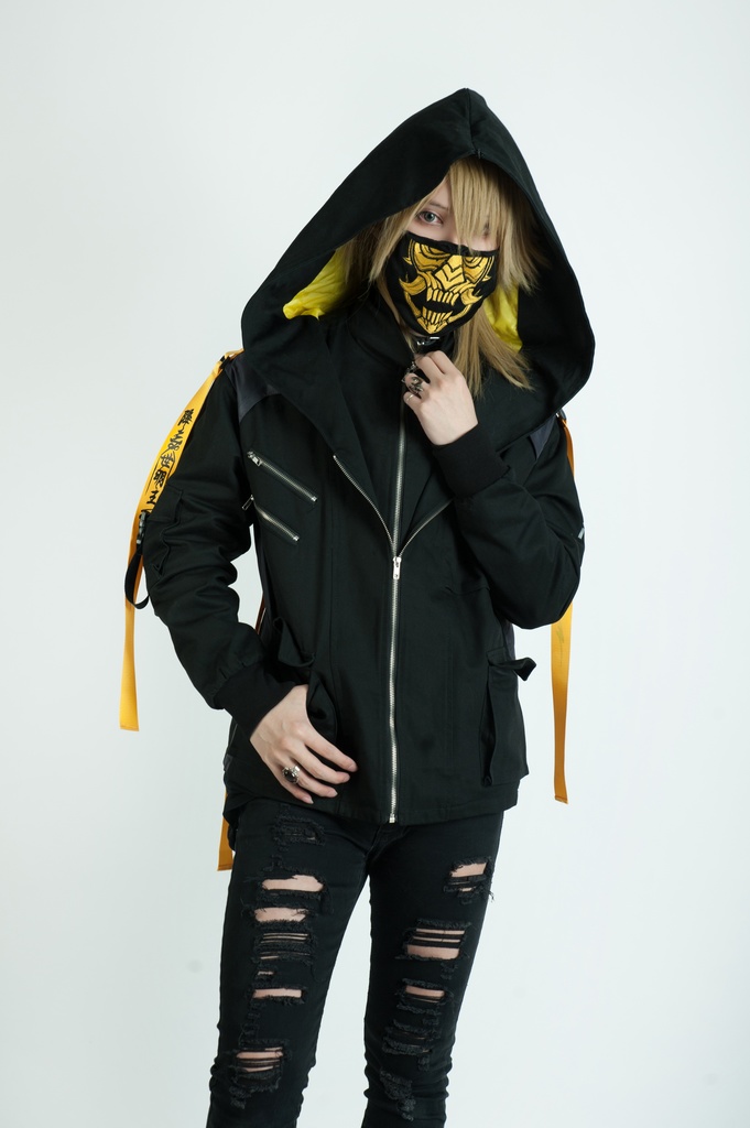 Jillpunkアニメ 二次コン イギリス画師Helloclonionコラボ 夜叉忍者 呪符ストラップ 重ね風 キルティング 刺繡 マスク付き パネルパーカー チャック付きフード ジャケット オリジナルメンズ レディーズ おしゃれ男女兼用 兄系 カッコいい0